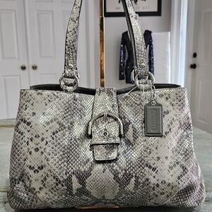 Coach Snakeskin Embossed Leather Shoulder Tote Buckle Detail